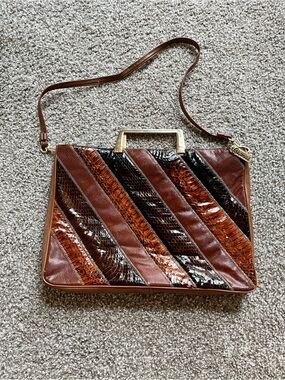 Vintage Faux-Snake Diagonal Patchwork Satchel in Brown